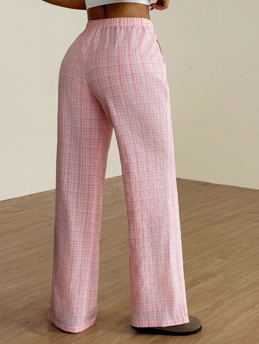 Flirla Pink Cotton Drawstring Waist Straight Leg Pants, Fashion Casual Home Wear For Women, Spring