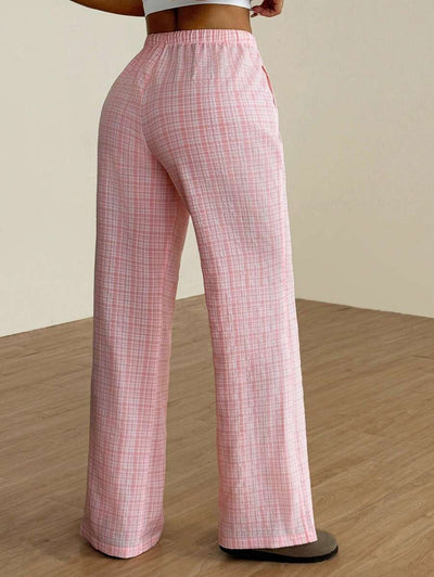 Flirla Pink Cotton Drawstring Waist Straight Leg Pants, Fashion Casual Home Wear For Women, Spring