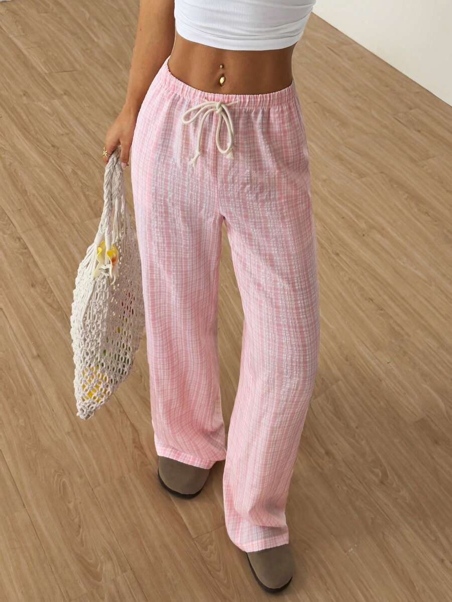 Flirla Pink Cotton Drawstring Waist Straight Leg Pants, Fashion Casual Home Wear For Women, Spring