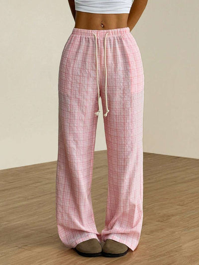 Flirla Pink Cotton Drawstring Waist Straight Leg Pants, Fashion Casual Home Wear For Women, Spring
