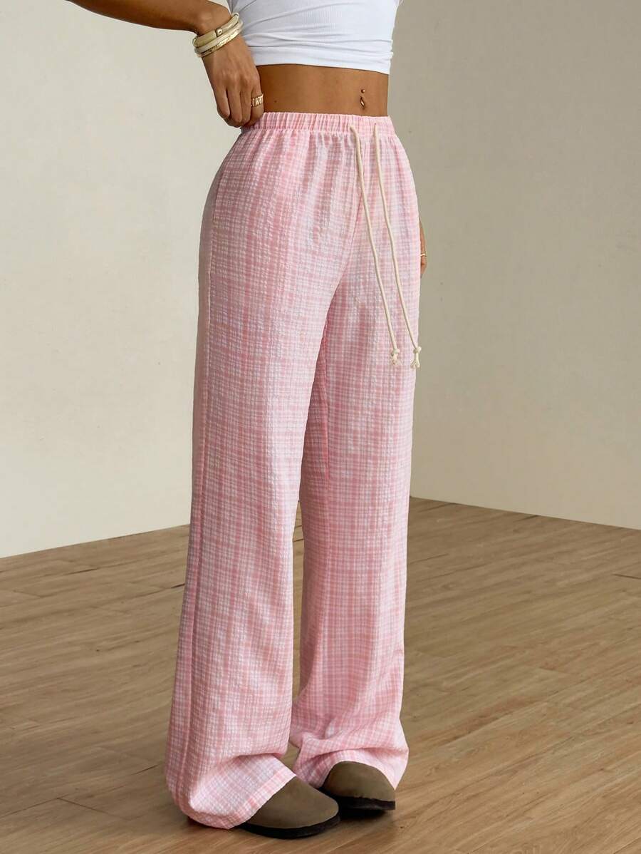Flirla Pink Cotton Drawstring Waist Straight Leg Pants, Fashion Casual Home Wear For Women, Spring