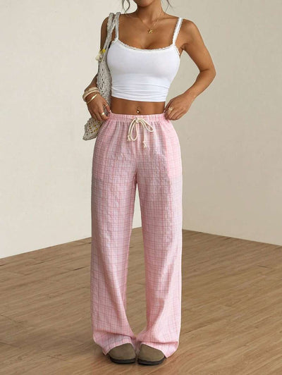 Flirla Pink Cotton Drawstring Waist Straight Leg Pants, Fashion Casual Home Wear For Women, Spring