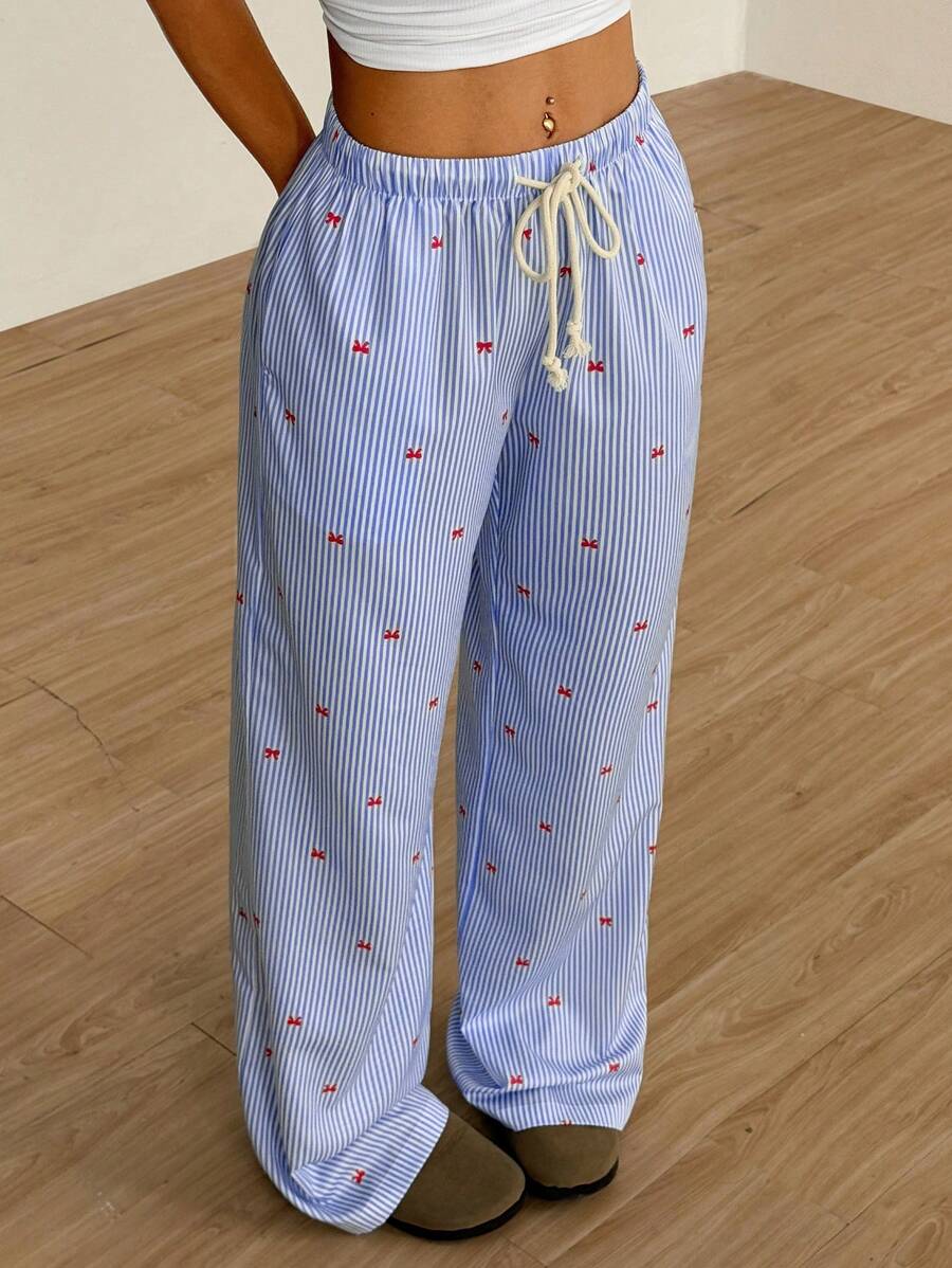 Flirla Pink Cotton Drawstring Waist Straight Leg Pants, Fashion Casual Home Wear For Women, Spring