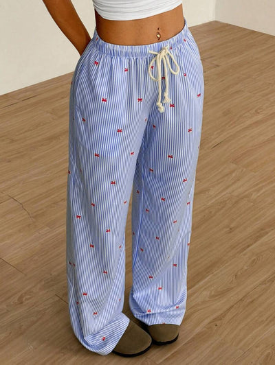 Flirla Pink Cotton Drawstring Waist Straight Leg Pants, Fashion Casual Home Wear For Women, Spring