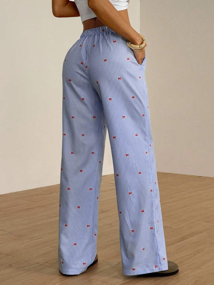 Flirla Pink Cotton Drawstring Waist Straight Leg Pants, Fashion Casual Home Wear For Women, Spring