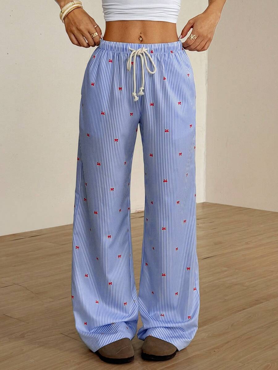 Flirla Pink Cotton Drawstring Waist Straight Leg Pants, Fashion Casual Home Wear For Women, Spring