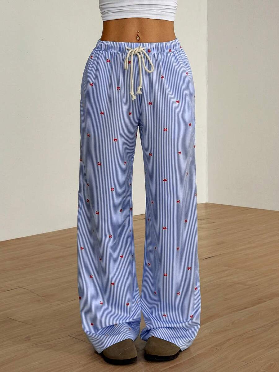 Flirla Pink Cotton Drawstring Waist Straight Leg Pants, Fashion Casual Home Wear For Women, Spring