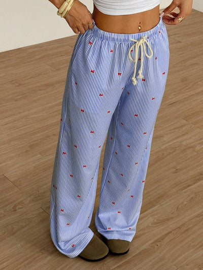 Flirla Pink Cotton Drawstring Waist Straight Leg Pants, Fashion Casual Home Wear For Women, Spring