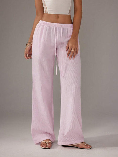 Flirla Pink Cotton Drawstring Waist Straight Leg Pants, Fashion Casual Home Wear For Women, Spring