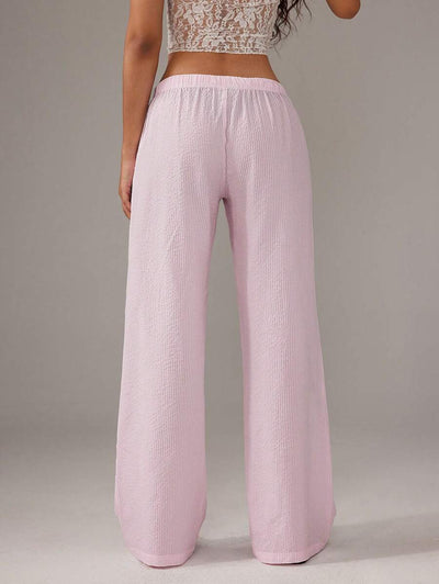 Flirla Pink Cotton Drawstring Waist Straight Leg Pants, Fashion Casual Home Wear For Women, Spring