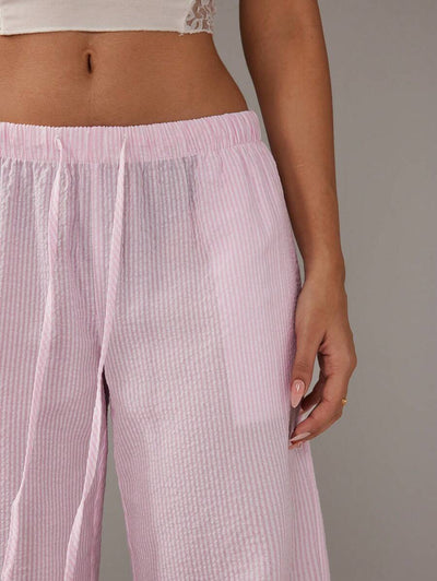 Flirla Pink Cotton Drawstring Waist Straight Leg Pants, Fashion Casual Home Wear For Women, Spring