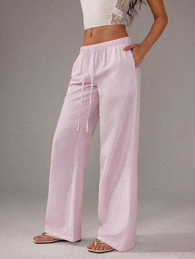 Flirla Pink Cotton Drawstring Waist Straight Leg Pants, Fashion Casual Home Wear For Women, Spring