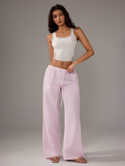 Flirla Pink Cotton Drawstring Waist Straight Leg Pants, Fashion Casual Home Wear For Women, Spring