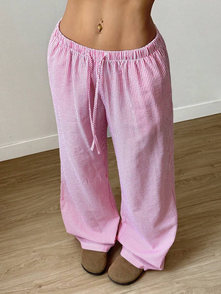 Flirla Pink Cotton Drawstring Waist Straight Leg Pants, Fashion Casual Home Wear For Women, Spring