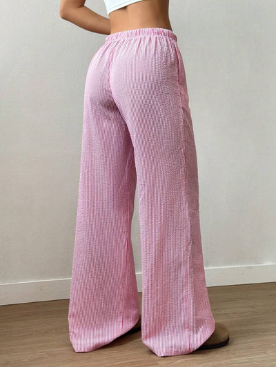 Flirla Pink Cotton Drawstring Waist Straight Leg Pants, Fashion Casual Home Wear For Women, Spring