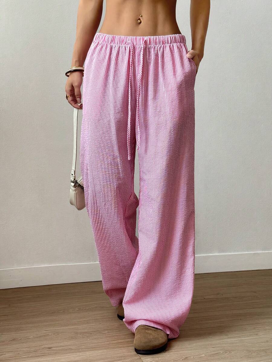 Flirla Pink Cotton Drawstring Waist Straight Leg Pants, Fashion Casual Home Wear For Women, Spring