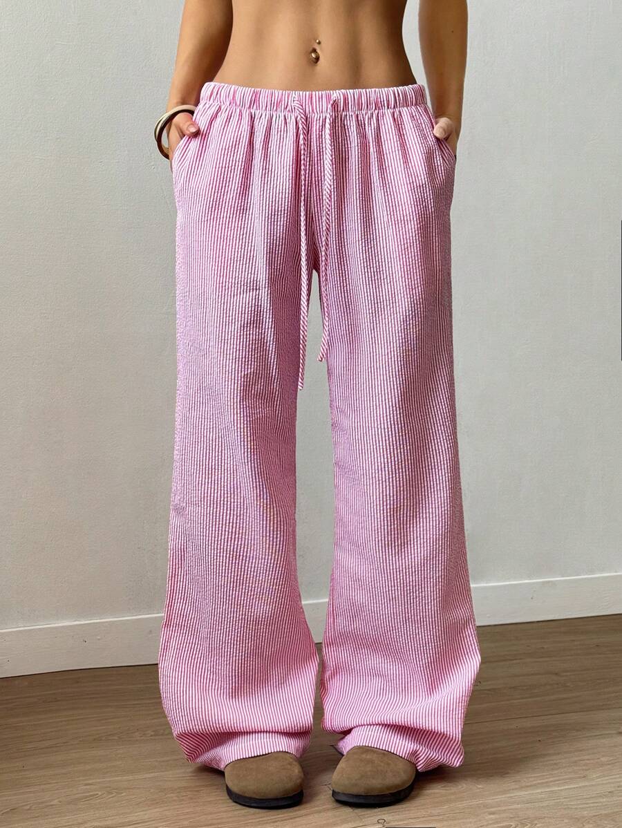 Flirla Pink Cotton Drawstring Waist Straight Leg Pants, Fashion Casual Home Wear For Women, Spring