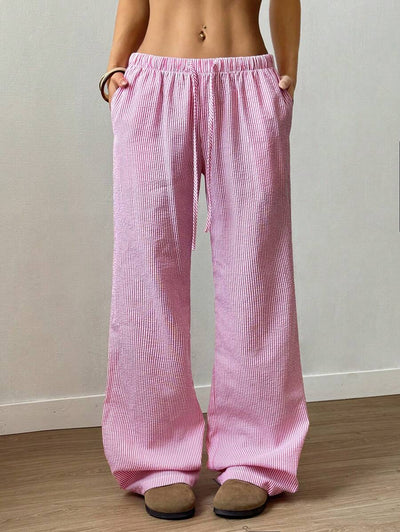 Flirla Pink Cotton Drawstring Waist Straight Leg Pants, Fashion Casual Home Wear For Women, Spring