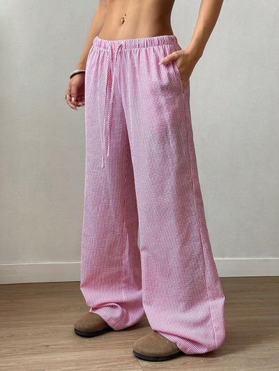 Flirla Pink Cotton Drawstring Waist Straight Leg Pants, Fashion Casual Home Wear For Women, Spring