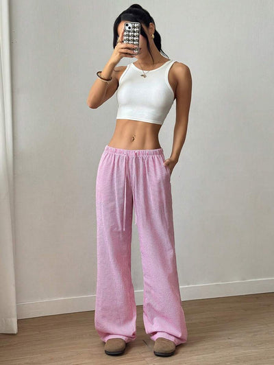 Flirla Pink Cotton Drawstring Waist Straight Leg Pants, Fashion Casual Home Wear For Women, Spring