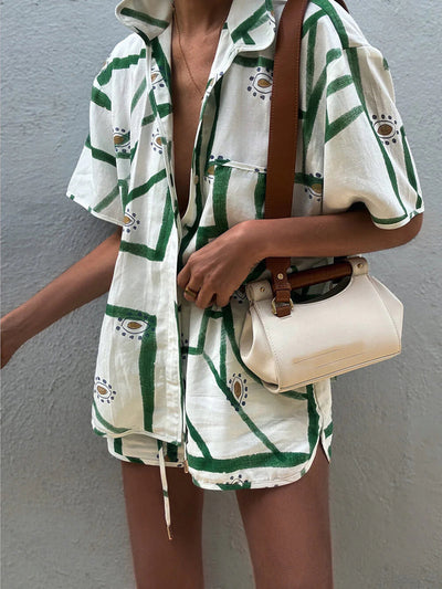 Casual Two-Piece Print Set with Drawstring Shorts