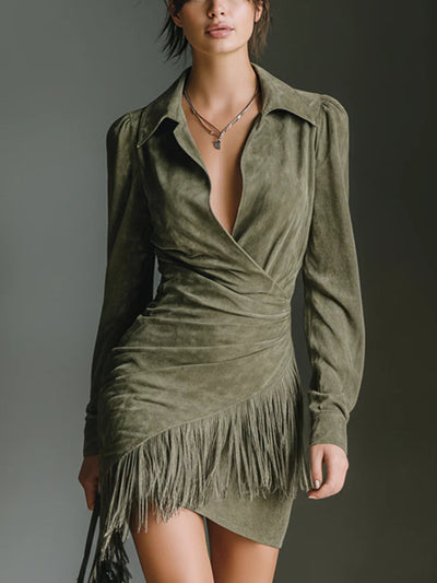 Olive Green Faux Suede V-Neck Wrap Mini Dress
