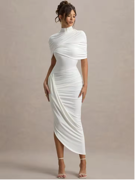 Taylor - Asymmetric, Twisted Cape Maxi Dress