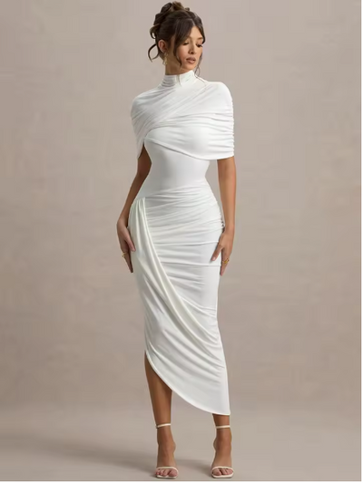 Taylor - Asymmetric, Twisted Cape Maxi Dress