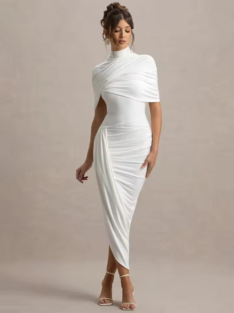 Taylor - Asymmetric, Twisted Cape Maxi Dress