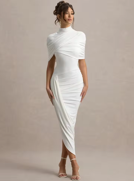 Taylor - Asymmetric, Twisted Cape Maxi Dress